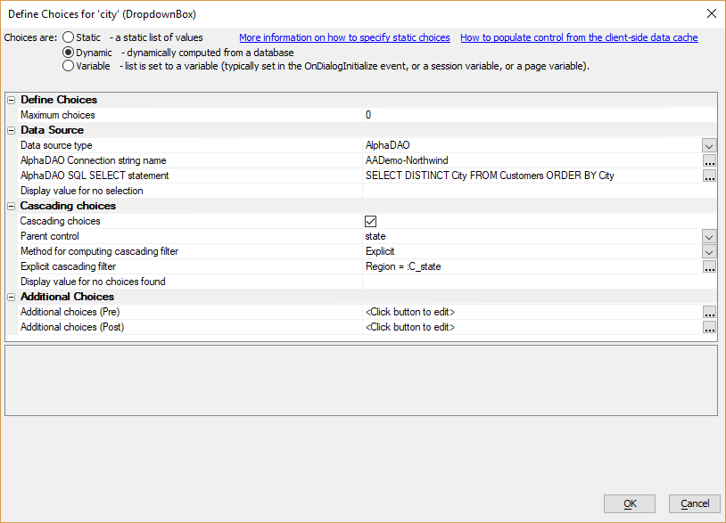 A DropDownBox control configured with a dynamic data source and Cascading choices